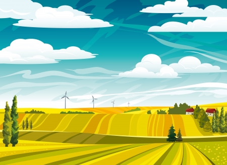 Autumn landscape with yellow meadows and wind power on a cloudy skyのイラスト素材