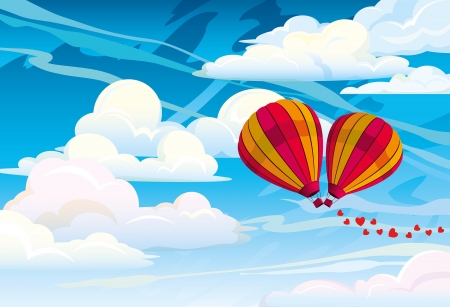 Couple red hot air balloons on a blue cloudy skyのイラスト素材