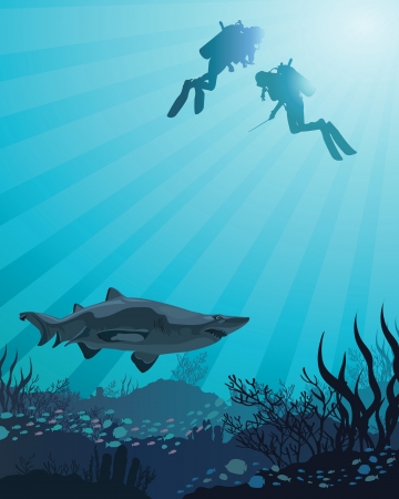 Two divers looking to the big shark and coral reef on a blue sea backgroundのイラスト素材