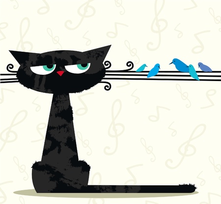 Cartoon black funny cat looking at the birds sitting on his mustacheのイラスト素材