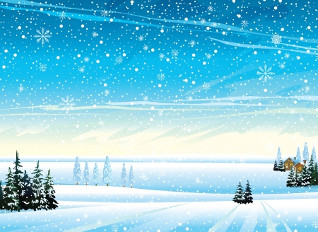 Winter landscape with houses, frozen trees and snowfallのイラスト素材