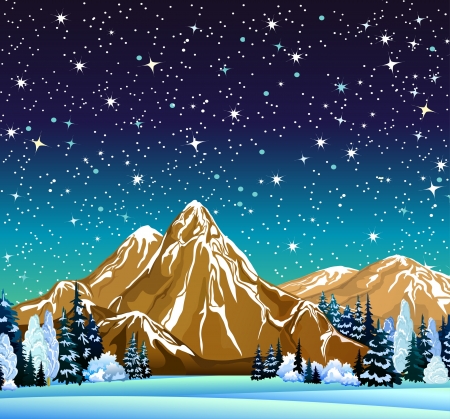 Winter night landscape with mountains, frozen trees and starry skyのイラスト素材
