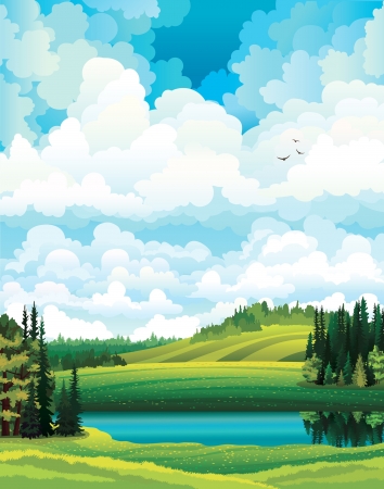 Green vector summer landscape with forest, river and hill on a cloudy sky backgroundのイラスト素材