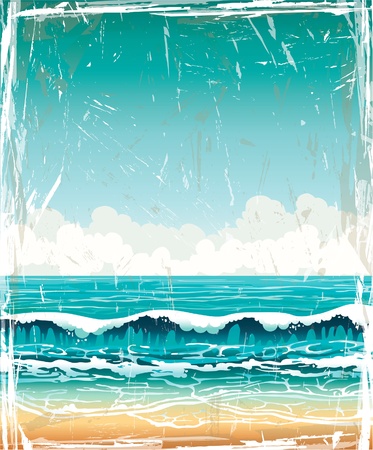Grunge vector landscape - turquoise sea with waves and sandy beach on a blue sky with white cloudsのイラスト素材