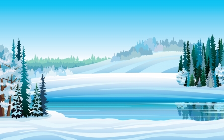 Vector winter landscape with frozen lake, forest and hills on a blue sky backgroundのイラスト素材