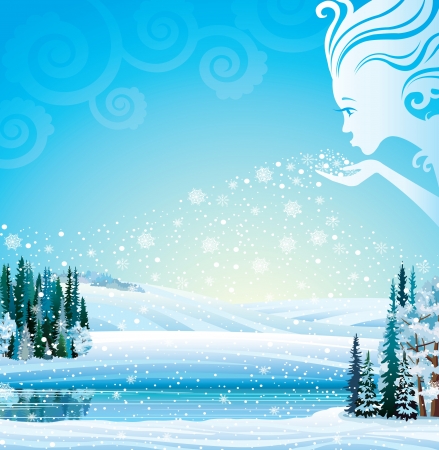 Winter-Girl blows snowflakes in the trees, fields and a lake  Vector magical winter landscape のイラスト素材