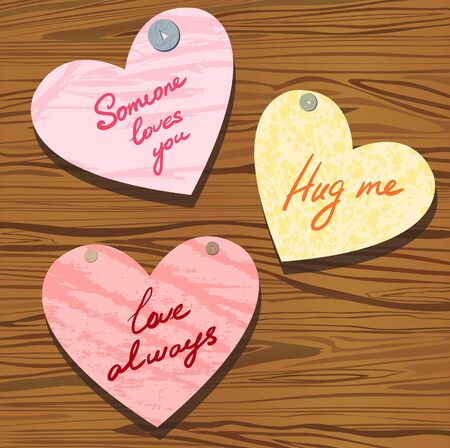 Group of valentine with wishes on a wood brown background のイラスト素材