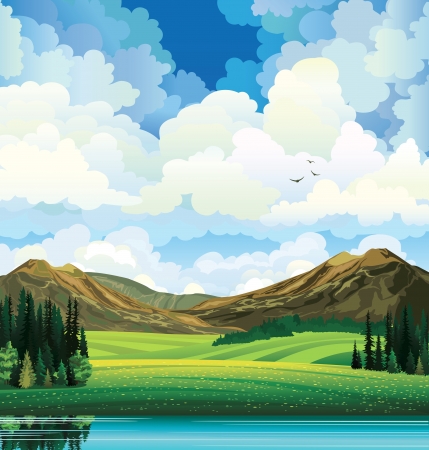 summer landscape with green flowering field, forest, mountains and lake on a blue cloudy sky backgound with birds.