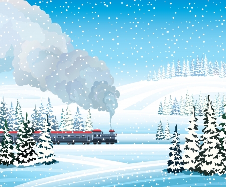 Old train with gray smoke and winter landscape with frozen forest on a blue sky background.のイラスト素材