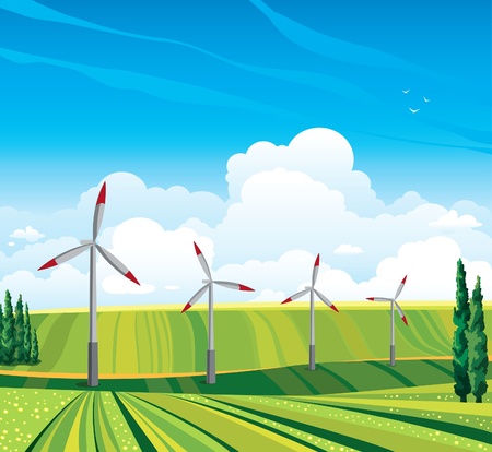 Wind generator and green meadow on a blue sky with clouds  Summer rural landscape のイラスト素材