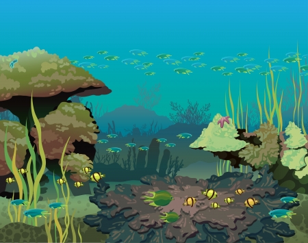 Underwater life with coral reef and school of fish in the blue sea  のイラスト素材