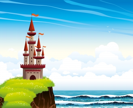Cartoon red castle standing on a cliff with green blossom grass on a blue sea with waves and cloudy sky background のイラスト素材