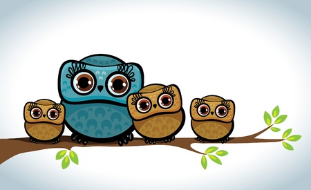 Cartoon family of owls sitting on a branch のイラスト素材