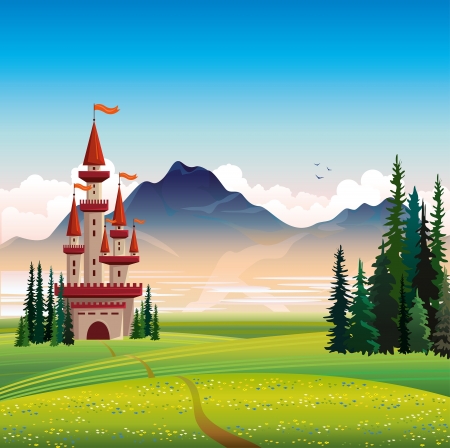Summer landscape with red castle, green field, spruce and mountain on a blue sky background のイラスト素材