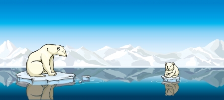 Polar bear and his baby sitting on a melting ice in a sea. Global warming.のイラスト素材