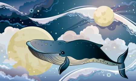 Cartoon blue whale flying on a night starry sky. Fantastic vector cloudscape.のイラスト素材