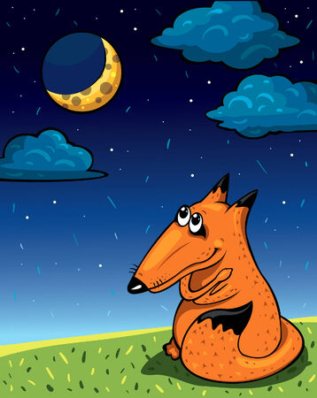 Cartoon funny fox looking at cheese-moon. のイラスト素材