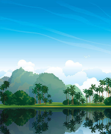Tropical landscape with palms and reflection in the lake on a blue sky. のイラスト素材