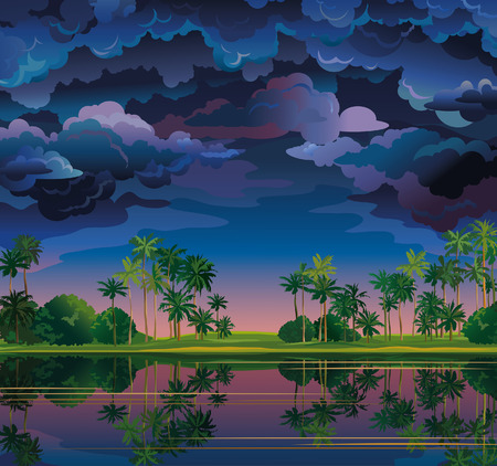 Group of stormy clouds and coconat trees near the lake on a sanset sky. Nature tropical landscape.のイラスト素材