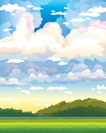 Green field and forest on a cloudy sky background. Nature vector landscape.のイラスト素材