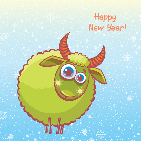 Funny green sheep with big eyes on a blue background. Vector card of new year.のイラスト素材