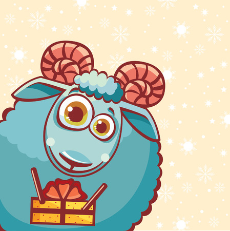 Funny cartoon blue ram with gift on a snowy background. New year vector.のイラスト素材