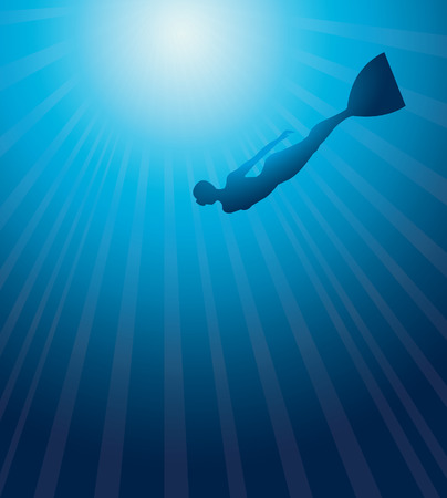 Silhouette of free diver on a blue sea background. Underwater vector.のイラスト素材