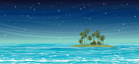 Green island with coconut palms in the blue sea on a night starry sky. Vector seascape illustration.のイラスト素材