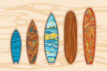 Vector set of surfboards on a brown background. Some image on a boards with elements of surfing.のイラスト素材