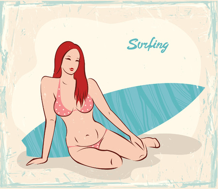 Beauty girl in bikini and surfboard. Vector in retro style. Pin up.のイラスト素材