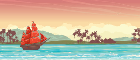 Traditional old sailboat with red sails and tropical island on a sunset sky.のイラスト素材