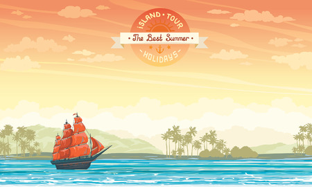 Traditional old sailboat with red sails and tropical island on a sunset sky. Summer holiday vector card.のイラスト素材