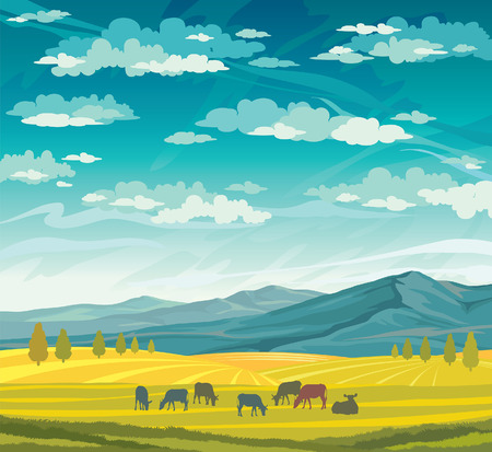 Herd of cows in green meadow on a blue cloudy sky. Vector of rural summer landscape.のイラスト素材