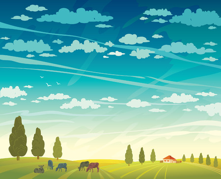 Rural summer landscape - herd of cows and green field with trees on a cloudy sky background. Vector nature illustration.のイラスト素材