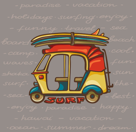 Cartoon yellow tuk tuk with surfboards. Vector illustration about surfing trip.のイラスト素材