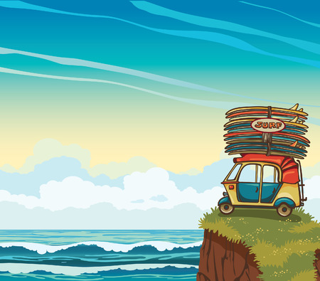 Cartoon auto rickshaw with surfboards on a cloudy sky and blue sea. Natural vector illustration about surfing.のイラスト素材