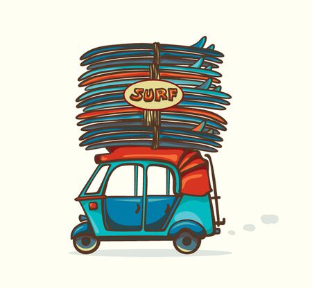 Cartoon blue auto rickshaw with surfboards. Vector illustration about surfing.のイラスト素材