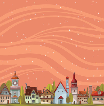 City view landscape with houses and green trees on a starry sky background. Urban vector landscape.のイラスト素材