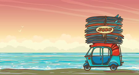 Cartoon auto rickshaw with surfboards on a sunset sky and blue ocean. Vector illustration about surfing.のイラスト素材