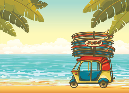 Yellow auto rickshaw with surfboards on a tropical beach with palm leaves and blue ocean. Vector illustration about surfing.のイラスト素材