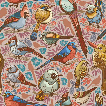 Seamless pattern with colored birds on a autumn background. Vector illustration.のイラスト素材