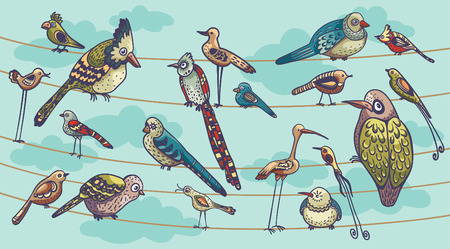 Funny birds sitting on a wire like a family. Set of childish birds. Cartoon vector illustration.のイラスト素材