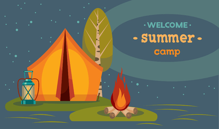 Summer tourist camping. Vector illustration with red tent and capmfire on a night starry sky.の販売画像