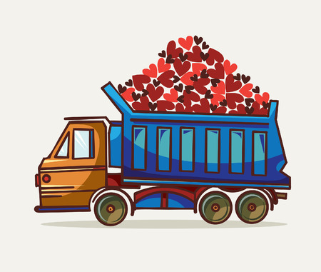 Cartoon blue truck and wagon with hearts on a white background. Vector illustration of heavy equipment and machinery.のイラスト素材