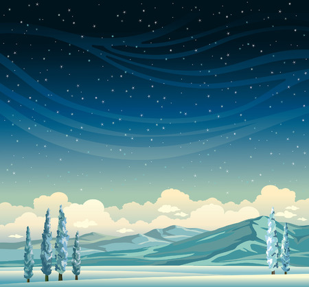 Winter landscape - Frozen trees and mountains on a blue starry sky with clouds. Nature night illustration.のイラスト素材