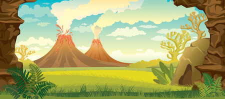 Prehistoric landscape - volcanoes with smoke, green grass, cave and walls of rock. nature illustration.のイラスト素材