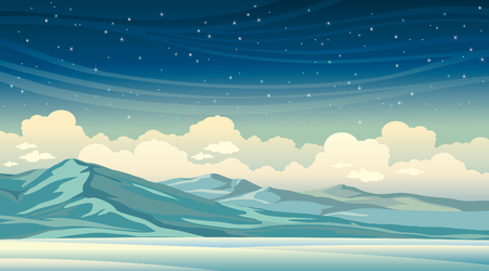 Winter illustration. Night landscape - blue mountains on a starry sky with clouds.のイラスト素材