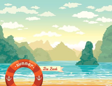 Vector tropical landscape with limestone rocks and sea bay on a cloudy sky. Nature travel illustration.のイラスト素材