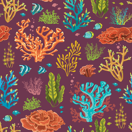 Underwater seamless pattern. Colorful wallpaper with coral reef and fish. Tropical vector illustration.のイラスト素材