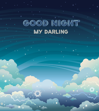 Greeting vector card with text - good night my darling. Nature landscape with clouds and stars on a dark  sky background. Night time.のイラスト素材